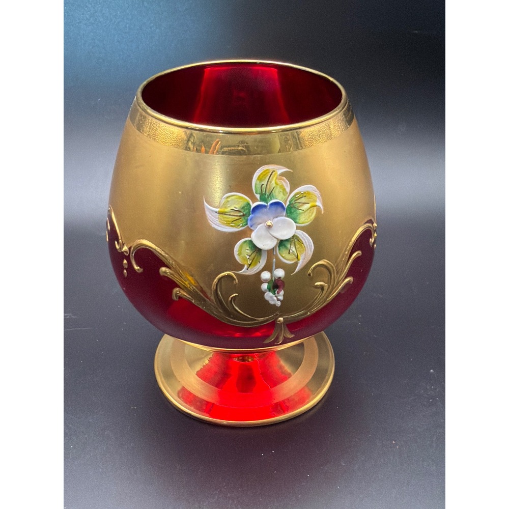 Vintage Murano Ruby Red Glass Brandy Snifter Gold Leaf Enamel Floral 4.5"
